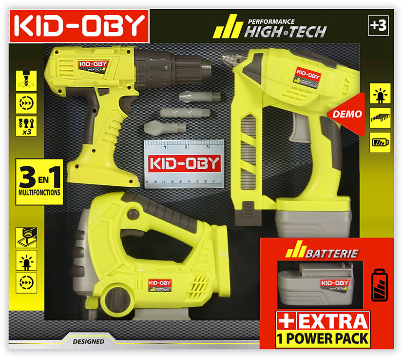 Coffret de 3 Outils de Bricolage avec 1 Batterie supplémentaire - KID-OBY - 813106