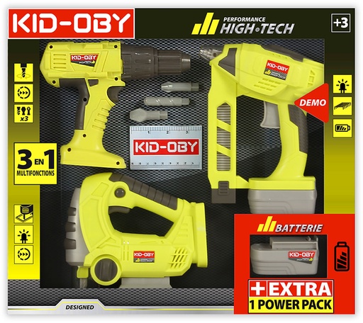 Coffret de 3 Outils de Bricolage avec 1 Batterie supplémentaire - KID-OBY - 813106